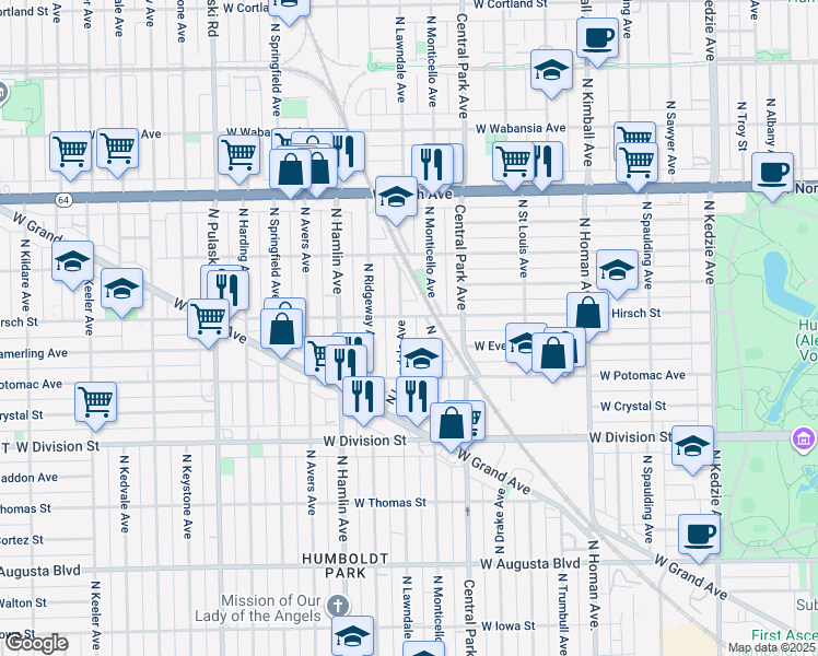 map of restaurants, bars, coffee shops, grocery stores, and more near 1331 North Lawndale Avenue in Chicago