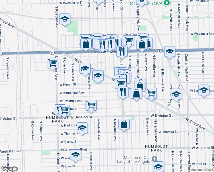 map of restaurants, bars, coffee shops, grocery stores, and more near 1345 North Karlov Avenue in Chicago
