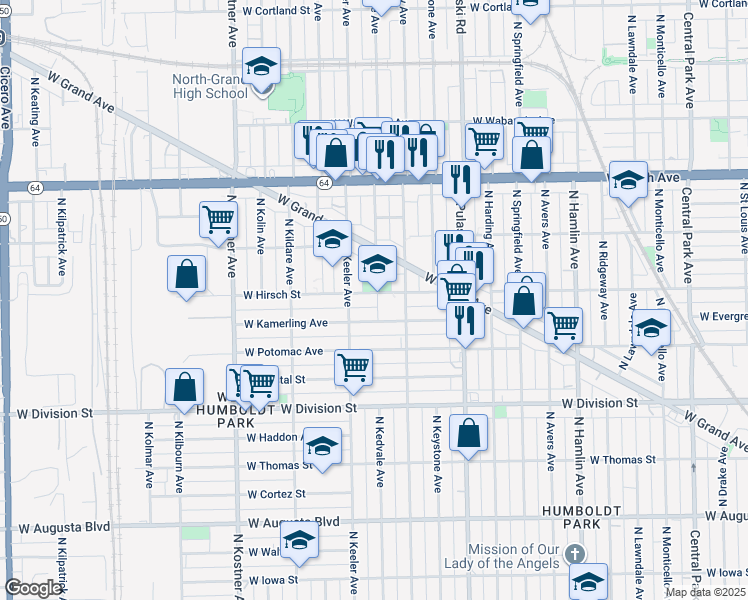 map of restaurants, bars, coffee shops, grocery stores, and more near 4142 West Kamerling Avenue in Chicago