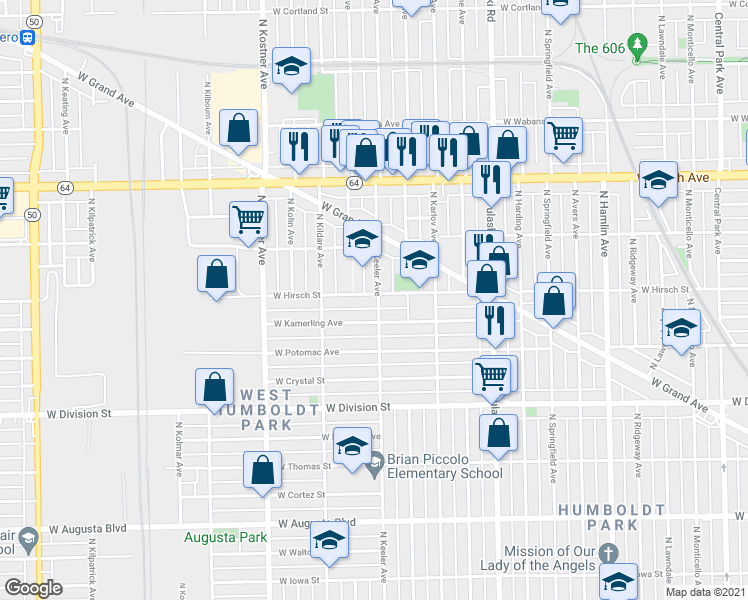 map of restaurants, bars, coffee shops, grocery stores, and more near 4218 West Kamerling Avenue in Chicago