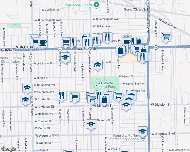 map of restaurants, bars, coffee shops, grocery stores, and more near 1333 North Laramie Avenue in Chicago