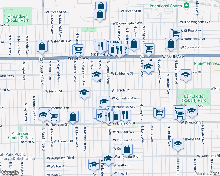 map of restaurants, bars, coffee shops, grocery stores, and more near 5523 West Hirsch Street in Chicago