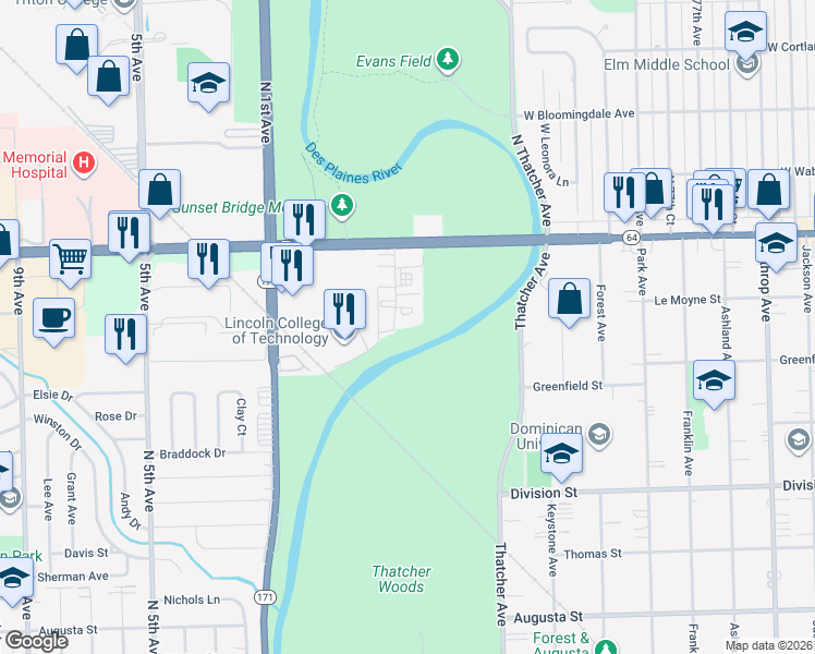 map of restaurants, bars, coffee shops, grocery stores, and more near 1700 Riverwoods Drive in Melrose Park
