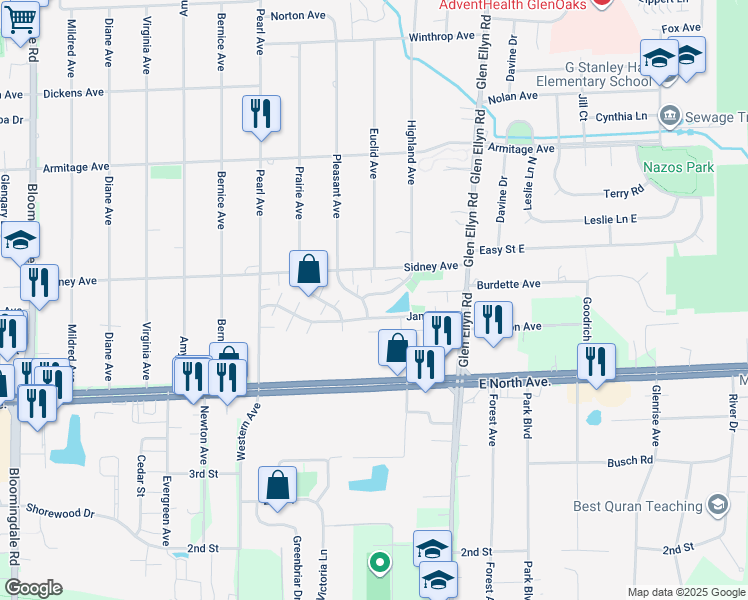 map of restaurants, bars, coffee shops, grocery stores, and more near 511 James Court in Glendale Heights