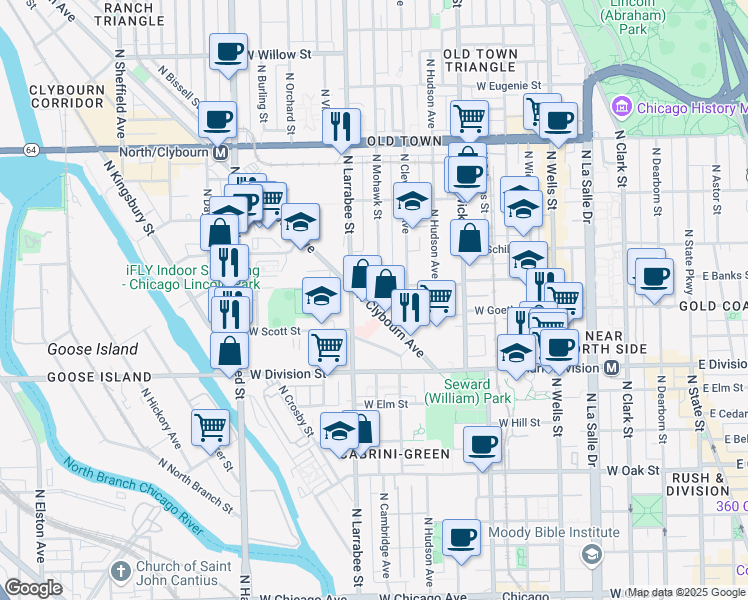 map of restaurants, bars, coffee shops, grocery stores, and more near 1307 North Clybourn Avenue in Chicago