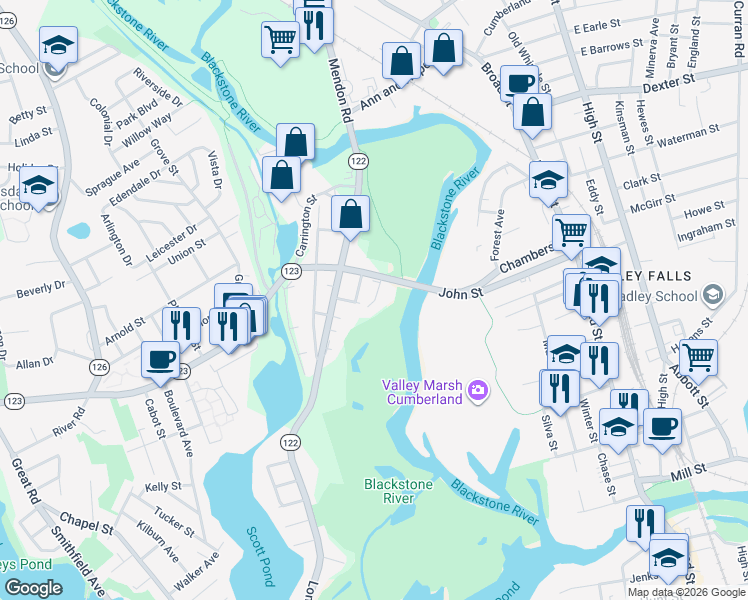 map of restaurants, bars, coffee shops, grocery stores, and more near 120 John Street in Lincoln