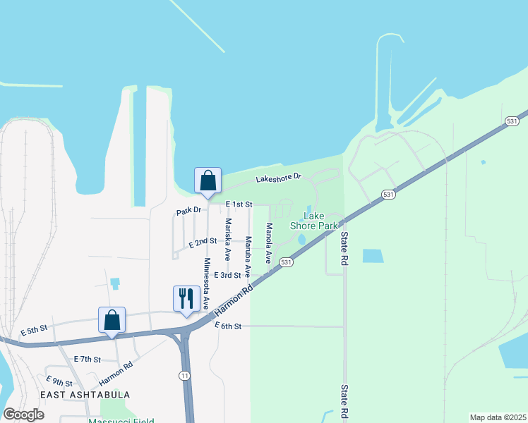 map of restaurants, bars, coffee shops, grocery stores, and more near 132 Maruba Avenue in Ashtabula