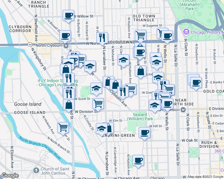 map of restaurants, bars, coffee shops, grocery stores, and more near 1281 North Clybourn Avenue in Chicago
