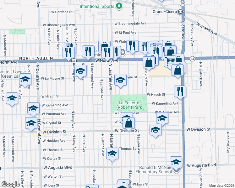 map of restaurants, bars, coffee shops, grocery stores, and more near 1333 North Laramie Avenue in Chicago