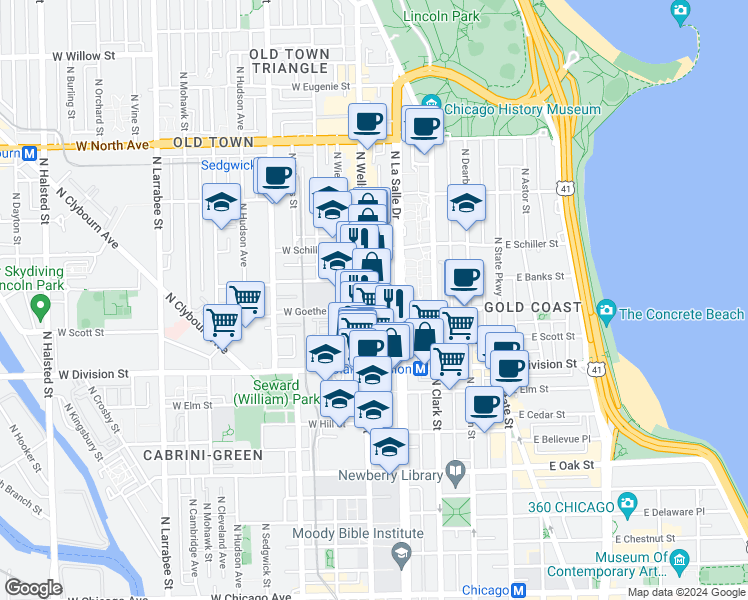 map of restaurants, bars, coffee shops, grocery stores, and more near 1254 North Wells Street in Chicago