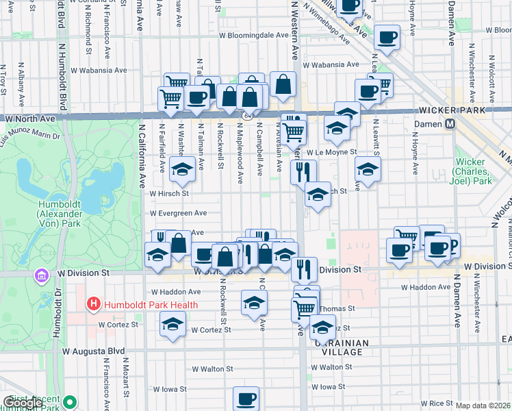 map of restaurants, bars, coffee shops, grocery stores, and more near 1320 North Campbell Avenue in Chicago