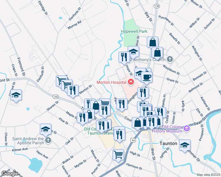 map of restaurants, bars, coffee shops, grocery stores, and more near 44 Park Street in Taunton