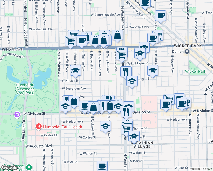 map of restaurants, bars, coffee shops, grocery stores, and more near 1340 North Campbell Avenue in Chicago