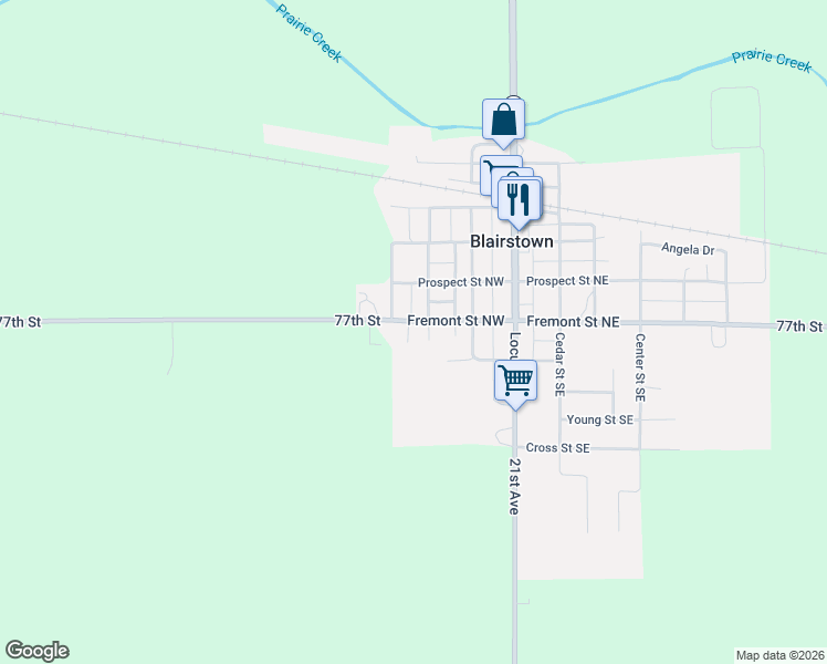 map of restaurants, bars, coffee shops, grocery stores, and more near 305 Fremont Street Southwest in Blairstown