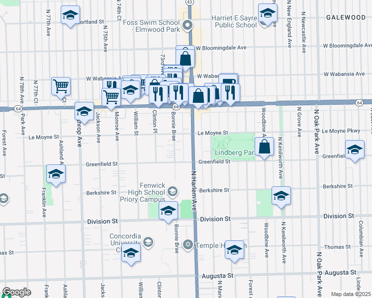 map of restaurants, bars, coffee shops, grocery stores, and more near 1420 North Harlem Avenue in River Forest