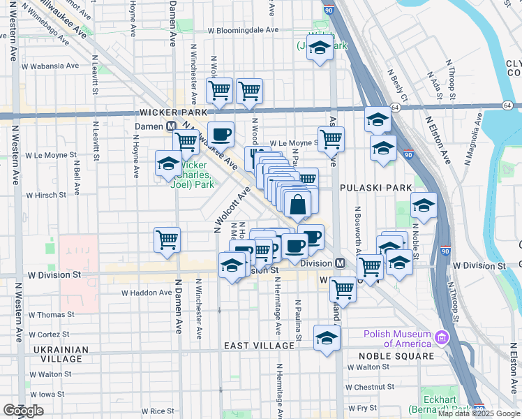 map of restaurants, bars, coffee shops, grocery stores, and more near 1741 West Ellen Street in Chicago