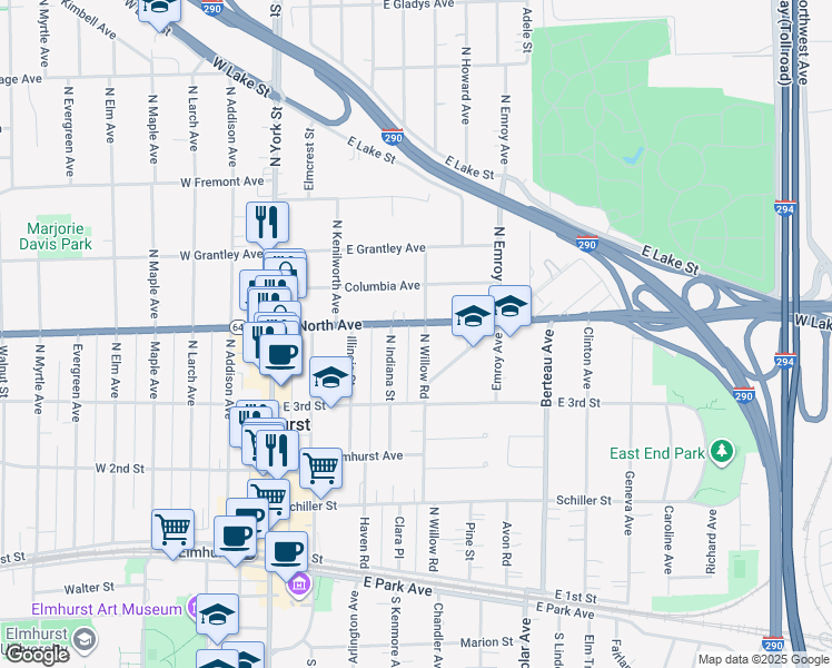 map of restaurants, bars, coffee shops, grocery stores, and more near 288 North Willow Road in Elmhurst