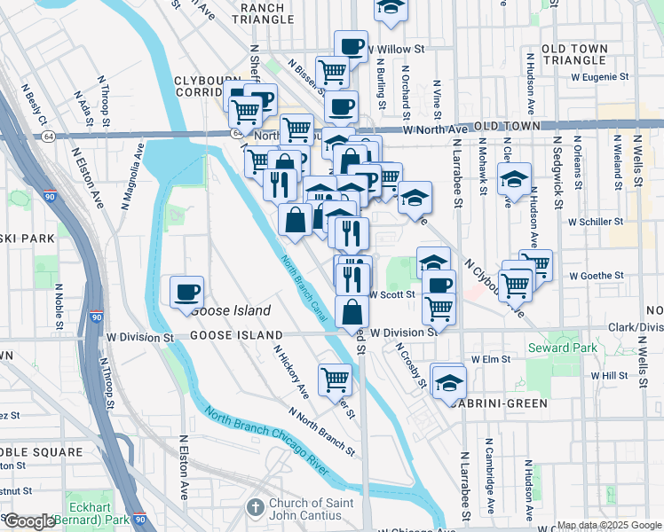 map of restaurants, bars, coffee shops, grocery stores, and more near 1335 North Kingsbury Street in Chicago