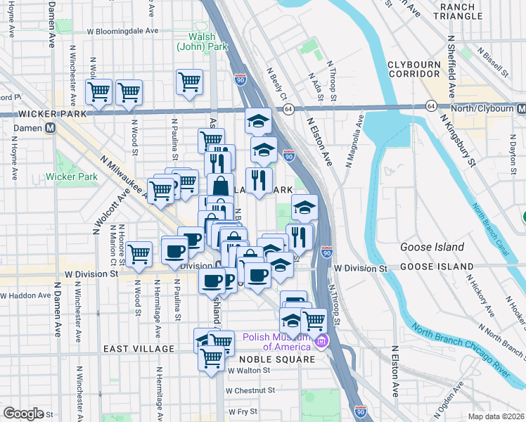map of restaurants, bars, coffee shops, grocery stores, and more near 1331 North Greenview Avenue in Chicago