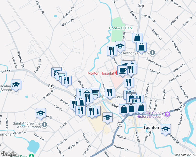 map of restaurants, bars, coffee shops, grocery stores, and more near 40 Park Street in Taunton