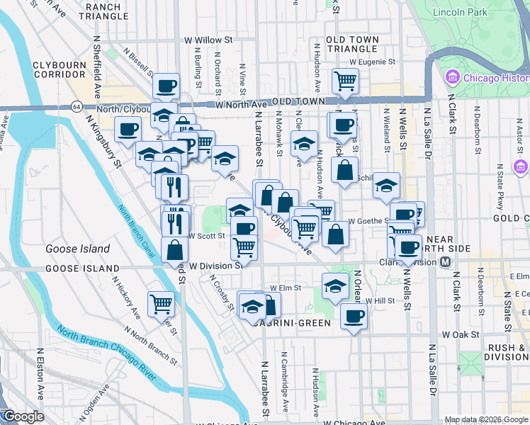 map of restaurants, bars, coffee shops, grocery stores, and more near 1322 North Clybourn Avenue in Chicago