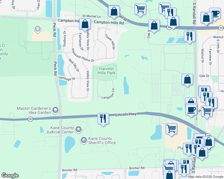 map of restaurants, bars, coffee shops, grocery stores, and more near 2934 Langston Circle in St. Charles