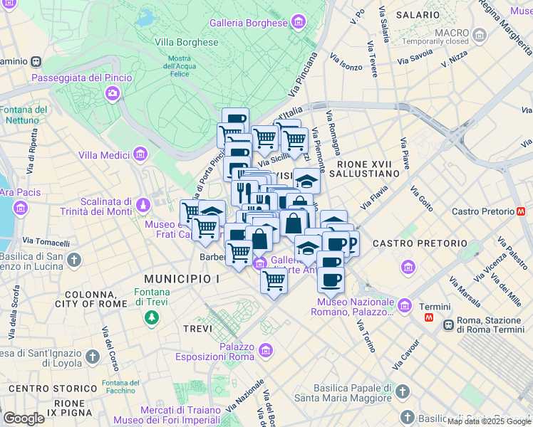 map of restaurants, bars, coffee shops, grocery stores, and more near 119 Via Vittorio Veneto in Roma