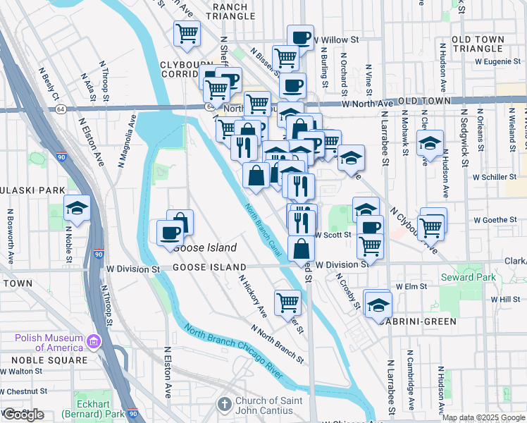map of restaurants, bars, coffee shops, grocery stores, and more near 860 West Evergreen Avenue in Chicago