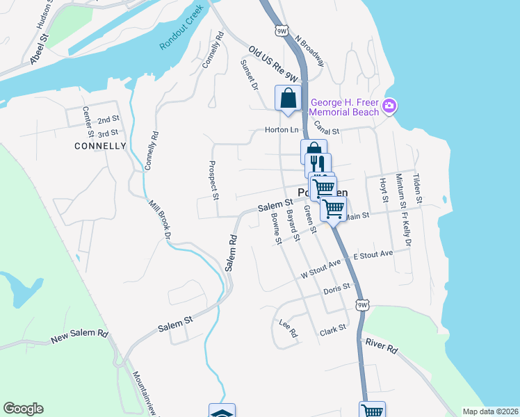 map of restaurants, bars, coffee shops, grocery stores, and more near 196 Salem Street in Port Ewen