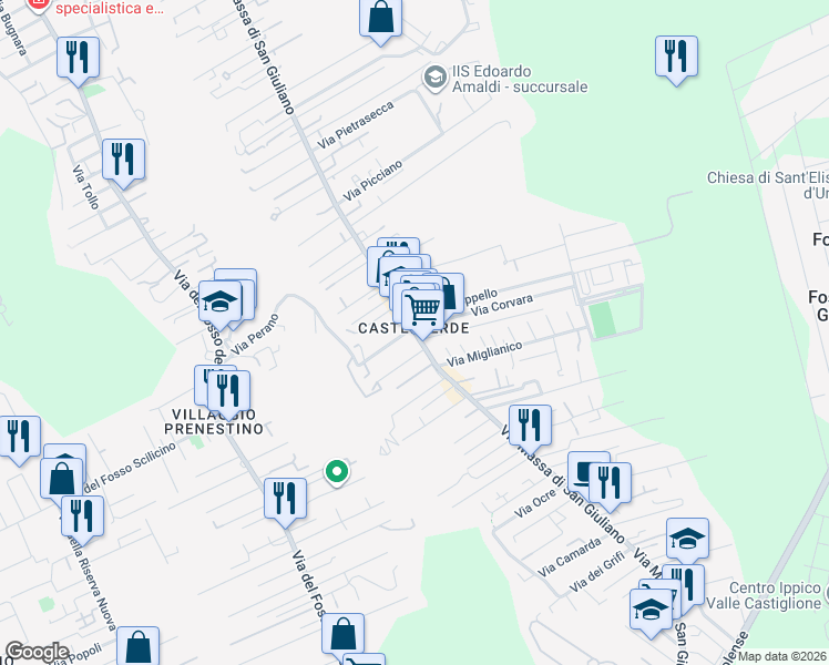 map of restaurants, bars, coffee shops, grocery stores, and more near 264-272 Via Massa di San Giuliano in Roma