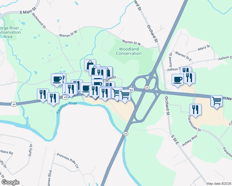 map of restaurants, bars, coffee shops, grocery stores, and more near 600 South Street West in Raynham