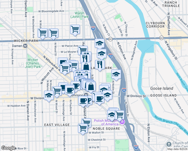 map of restaurants, bars, coffee shops, grocery stores, and more near 1311 North Bosworth Avenue in Chicago