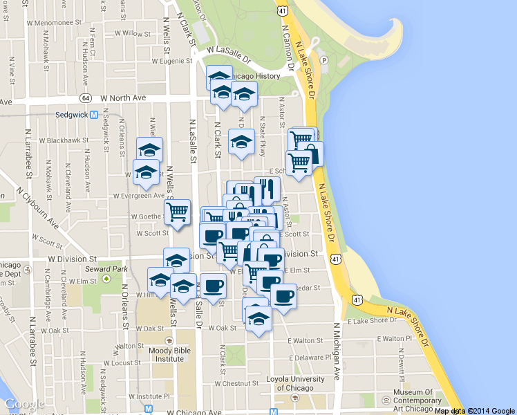 map of restaurants, bars, coffee shops, grocery stores, and more near 1255 North State Parkway in Chicago