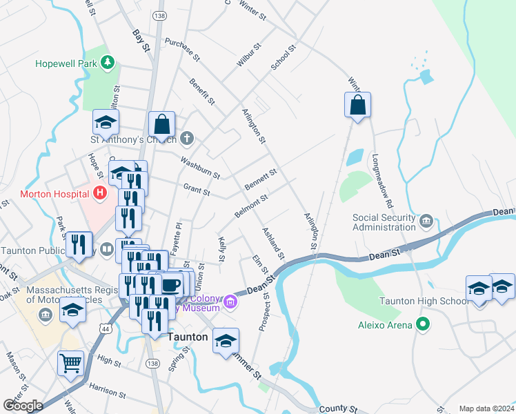 map of restaurants, bars, coffee shops, grocery stores, and more near 2 Ashland Place in Taunton