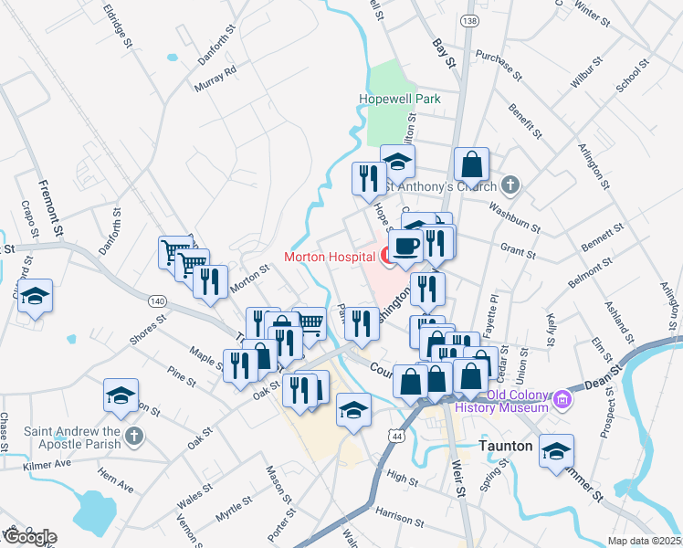 map of restaurants, bars, coffee shops, grocery stores, and more near 31 Park Street in Taunton