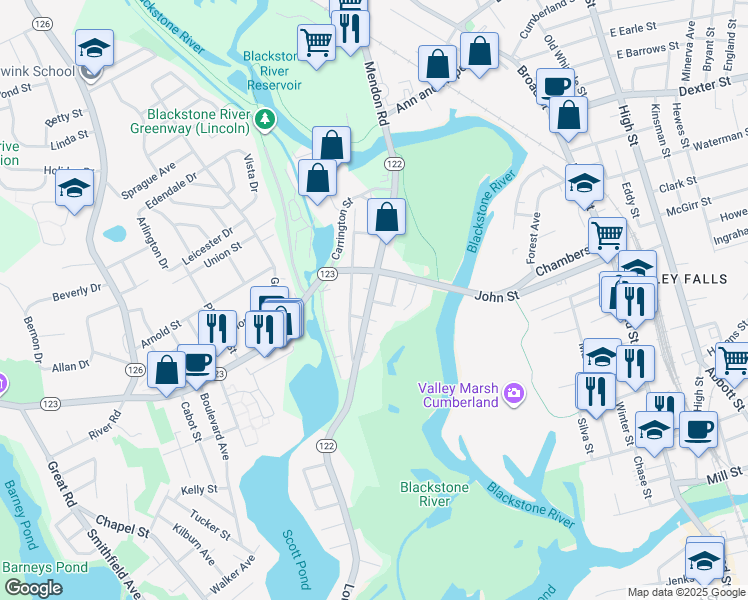 map of restaurants, bars, coffee shops, grocery stores, and more near 1 Grant Court in Lincoln