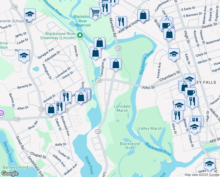 map of restaurants, bars, coffee shops, grocery stores, and more near 80 Lonsdale Main Street in Lincoln