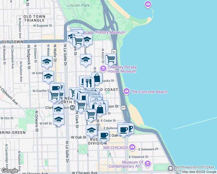 map of restaurants, bars, coffee shops, grocery stores, and more near in Chicago