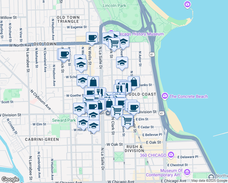 map of restaurants, bars, coffee shops, grocery stores, and more near 1255 North Clark Street in Chicago