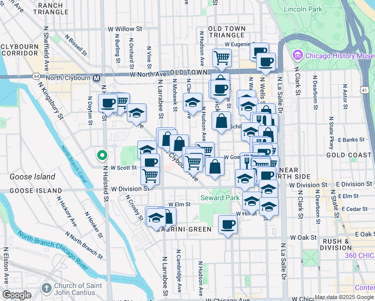 map of restaurants, bars, coffee shops, grocery stores, and more near 450 West Goethe Street in Chicago
