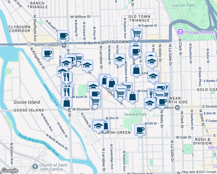 map of restaurants, bars, coffee shops, grocery stores, and more near 1281 North Clybourn Avenue in Chicago
