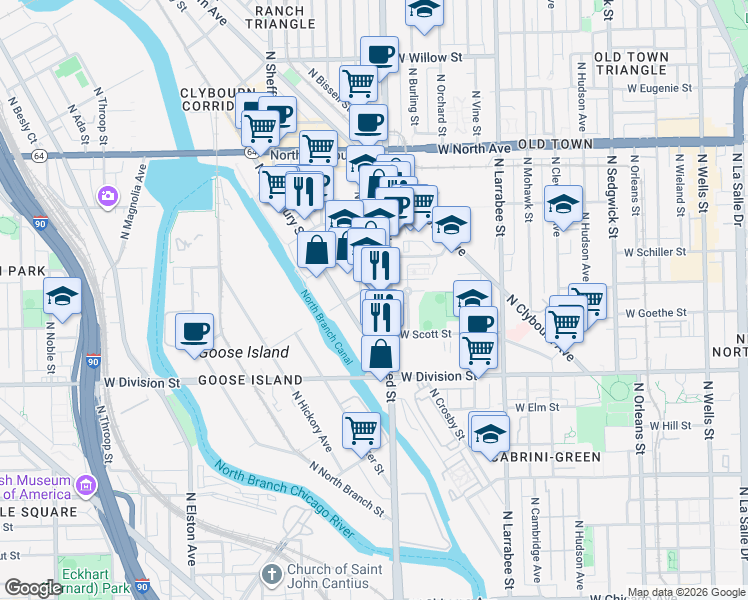map of restaurants, bars, coffee shops, grocery stores, and more near 1335 North Kingsbury Street in Chicago