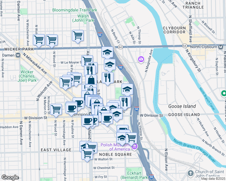map of restaurants, bars, coffee shops, grocery stores, and more near 1310 North Cleaver Street in Chicago