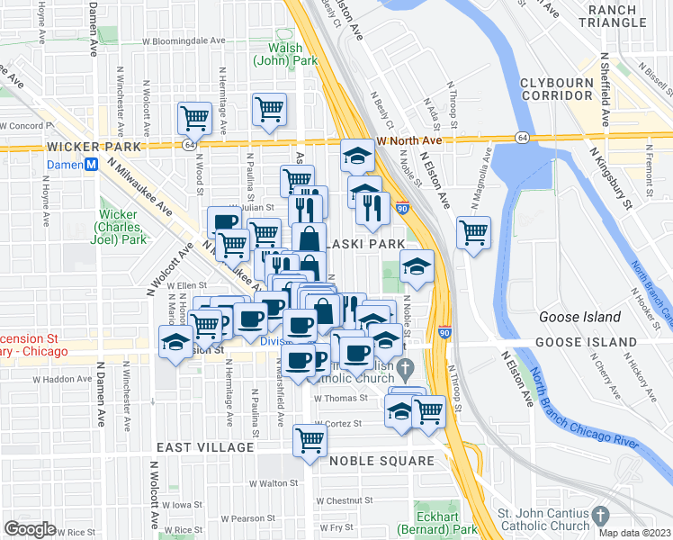 map of restaurants, bars, coffee shops, grocery stores, and more near 1311 North Bosworth Avenue in Chicago