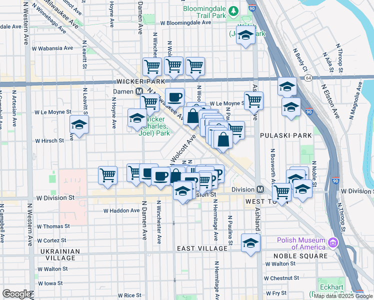 map of restaurants, bars, coffee shops, grocery stores, and more near 1829 West Ellen Street in Chicago