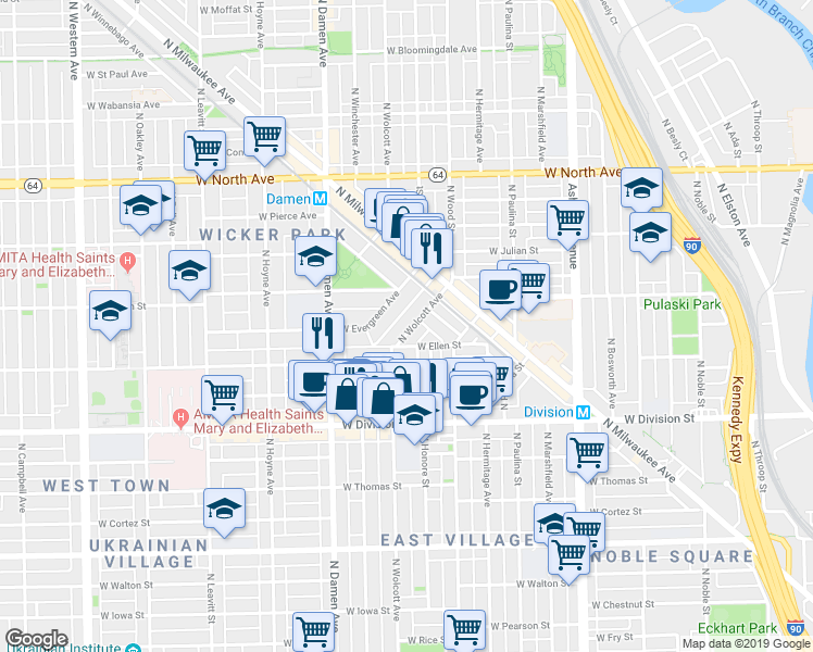 map of restaurants, bars, coffee shops, grocery stores, and more near 1904 West Ellen Street in Chicago