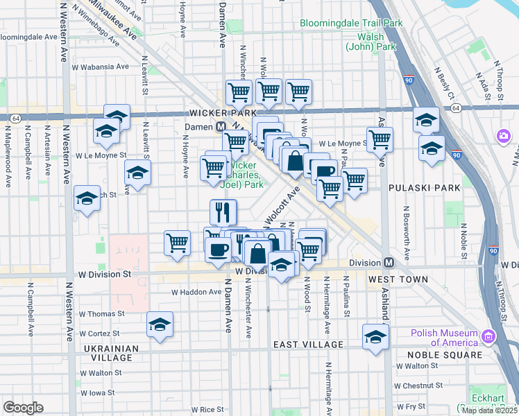 map of restaurants, bars, coffee shops, grocery stores, and more near 1904 West Ellen Street in Chicago