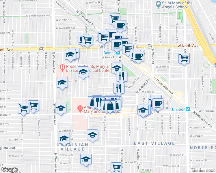map of restaurants, bars, coffee shops, grocery stores, and more near 1317 North Hoyne Avenue in Chicago