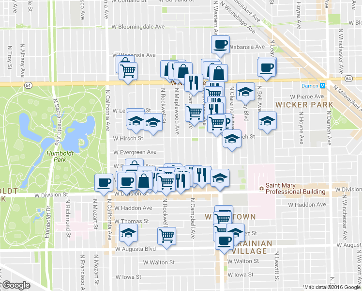 map of restaurants, bars, coffee shops, grocery stores, and more near 1320 North Campbell Avenue in Chicago
