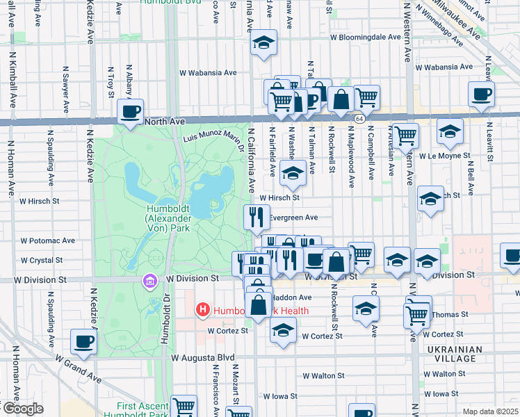 map of restaurants, bars, coffee shops, grocery stores, and more near 2737 West Evergreen Avenue in Chicago